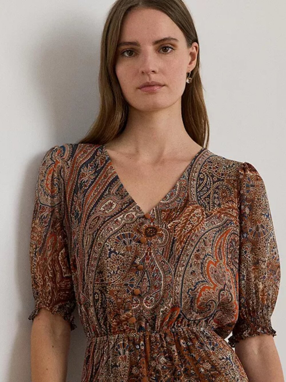 NWT Lauren Ralph Lauren Brown Paisley Belted Midi Dress Sz 6 Puff Sleeve Tiered - Picture 3 of 5